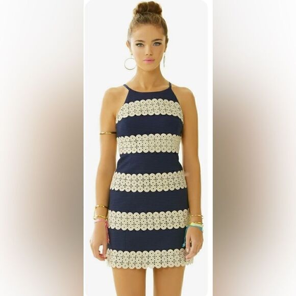 Lilly Pulitzer Annabelle Shift Dress Style Number 11561 Sz 2 Navy Blue and Gold - Picture 2 of 14